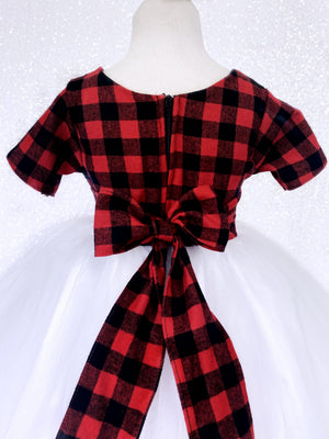 Holiday Red Black Plaid 2 Layer White Tulle Dress