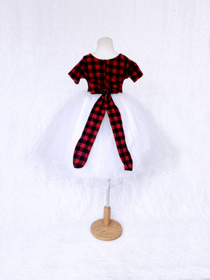 Holiday Red Black Plaid 2 Layer White Tulle Dress