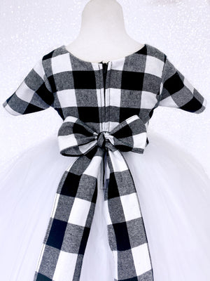 Plaid Short Sleeve Black White 2 Layer FL Tulle Gown