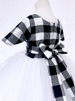 Plaid Short Sleeve Black White 2 Layer FL Tulle Gown