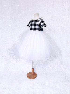 Plaid Short Sleeve Black White 2 Layer FL Tulle Gown