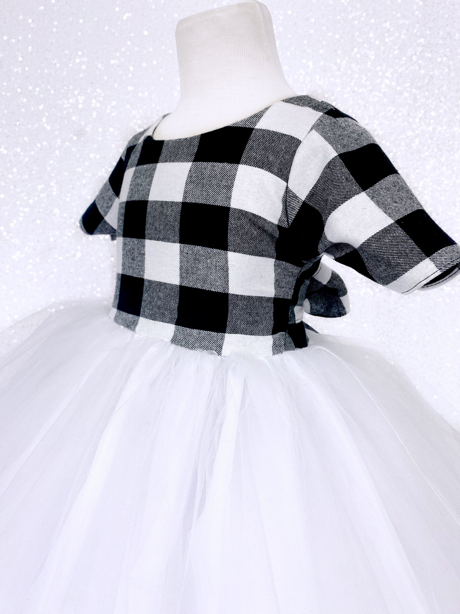 Plaid Short Sleeve Black White 2 Layer FL Tulle Gown