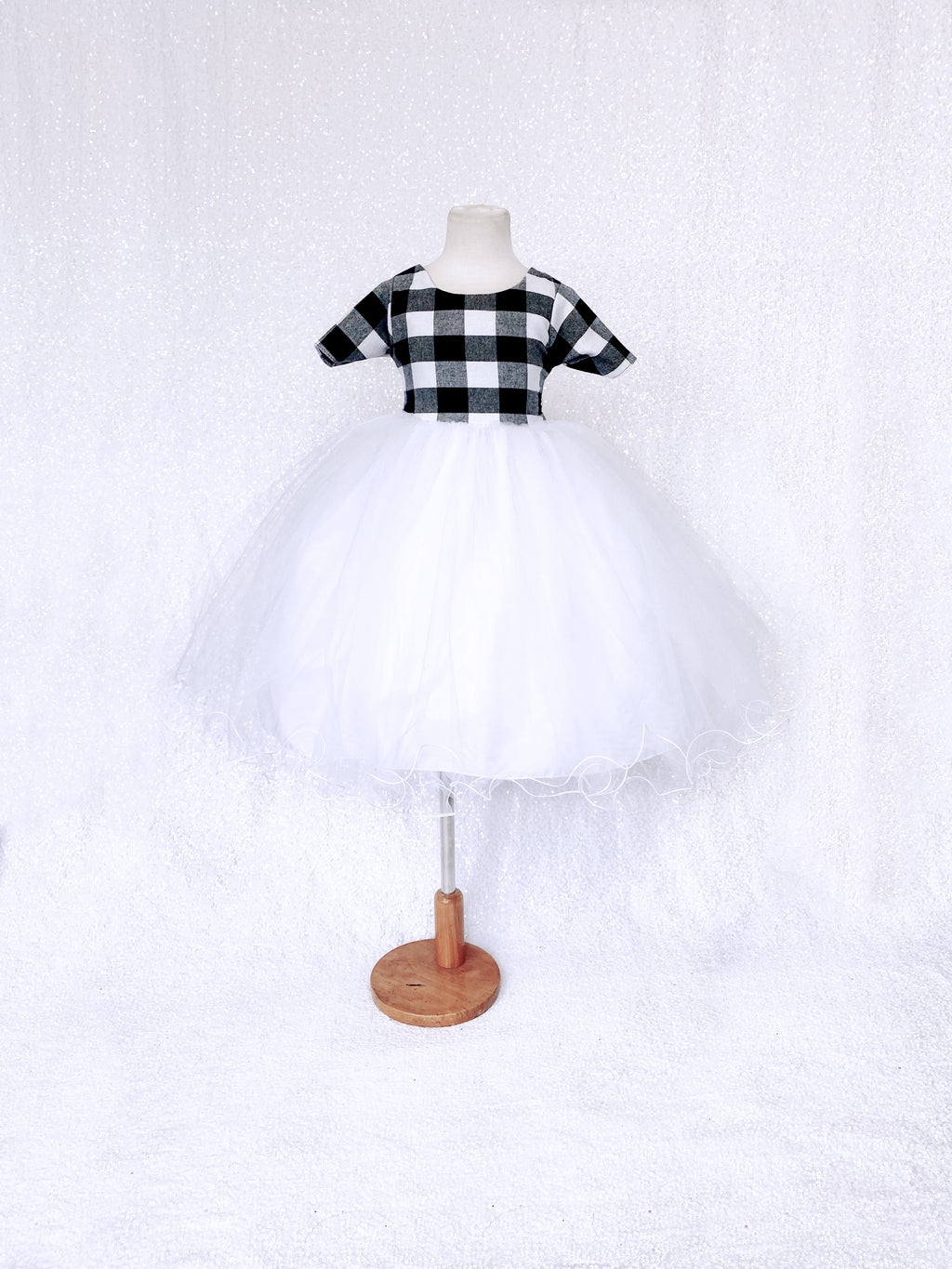 Plaid Short Sleeve Black White 2 Layer FL Tulle Gown