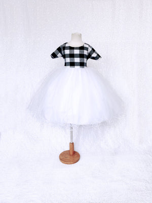 Holiday Red Black Plaid 2 Layer White Tulle Dress