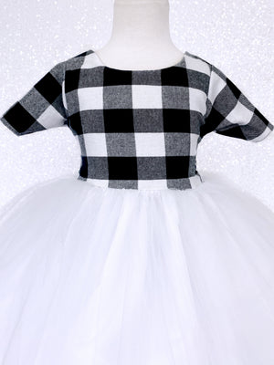 Plaid Short Sleeve Black White 2 Layer FL Tulle Gown