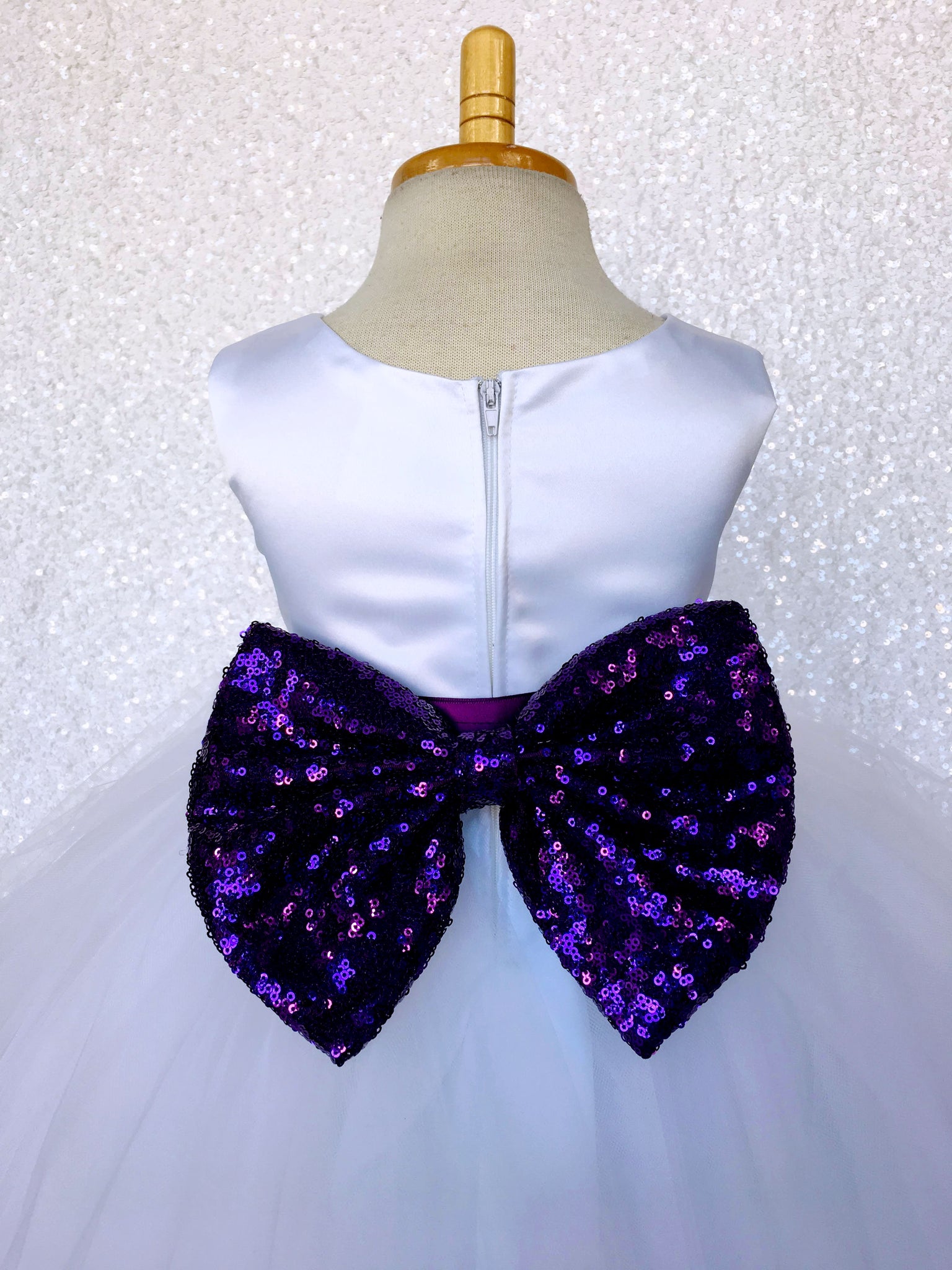 Sleeveless White 4 Layer Tulle Princess Dress Royal Blue Sequin Bow Ribbon