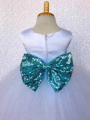 Sleeveless White 4 Layer Tulle Princess Dress Aqua Sequin Bow Ribbon