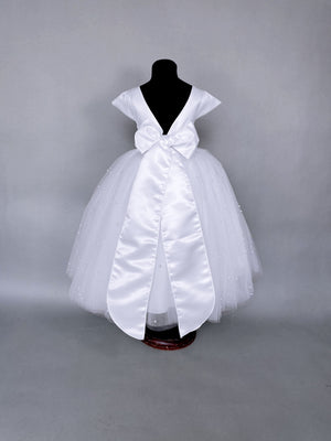 V-Back 4 Layer White Pearl Tulle Cap Sleeve Dress