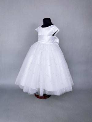 V-Back 4 Layer White Pearl Tulle Cap Sleeve Dress