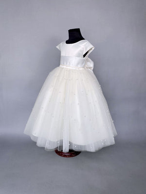 V-Back 4 Layer Ivory Pearl Tulle Cap Sleeve Dress