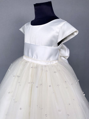 V-Back 4 Layer Ivory Pearl Tulle Cap Sleeve Dress