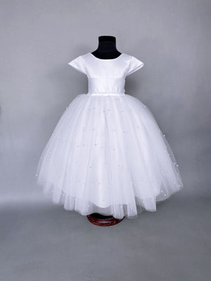 V-Back 4 Layer White Pearl Tulle Cap Sleeve Dress