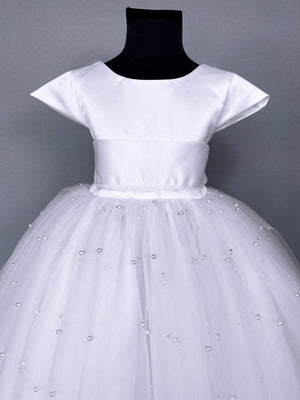 V-Back 4 Layer White Pearl Tulle Cap Sleeve Dress