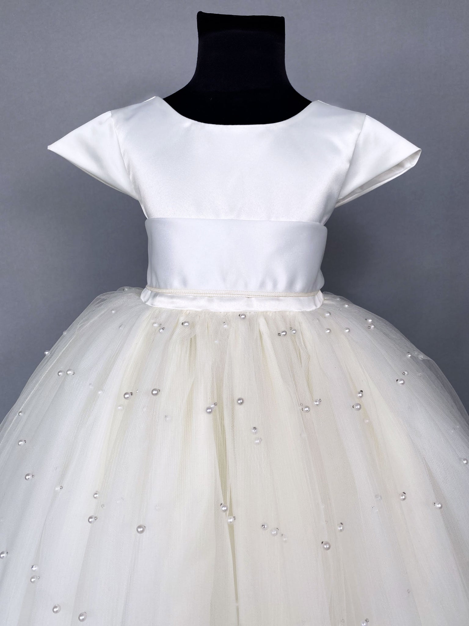 V-Back 4 Layer Ivory Pearl Tulle Cap Sleeve Dress