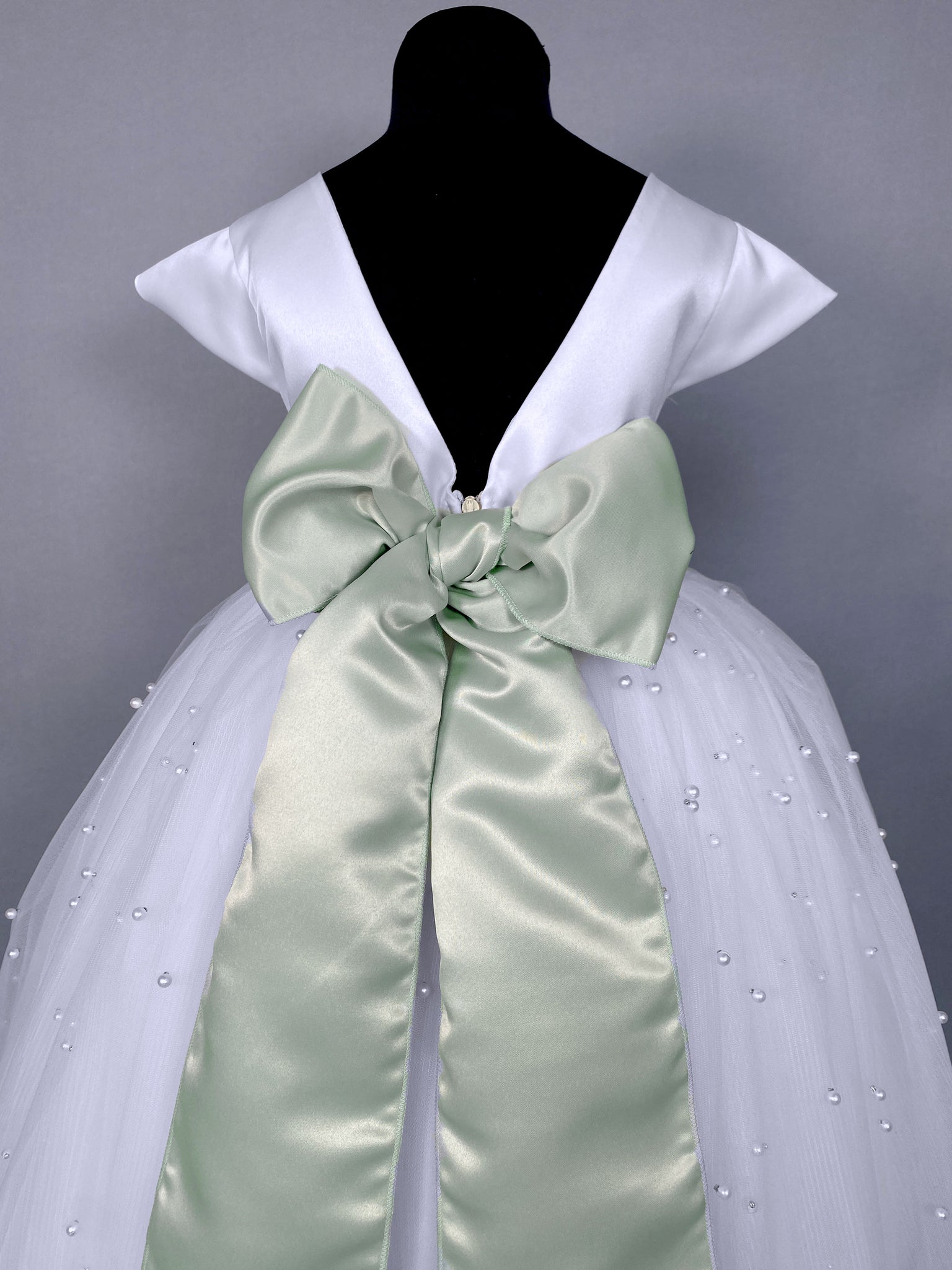 V-Back White 4 Layer Pearl Tulle Cap Sleeve Dress Sage Sash