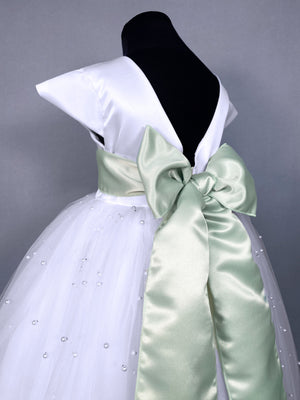 V-Back White 4 Layer Pearl Tulle Cap Sleeve Dress Sage Sash