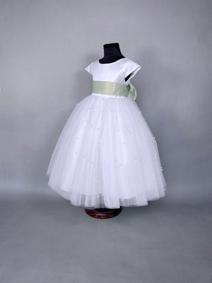 V-Back White 4 Layer Pearl Tulle Cap Sleeve Dress Sage Sash