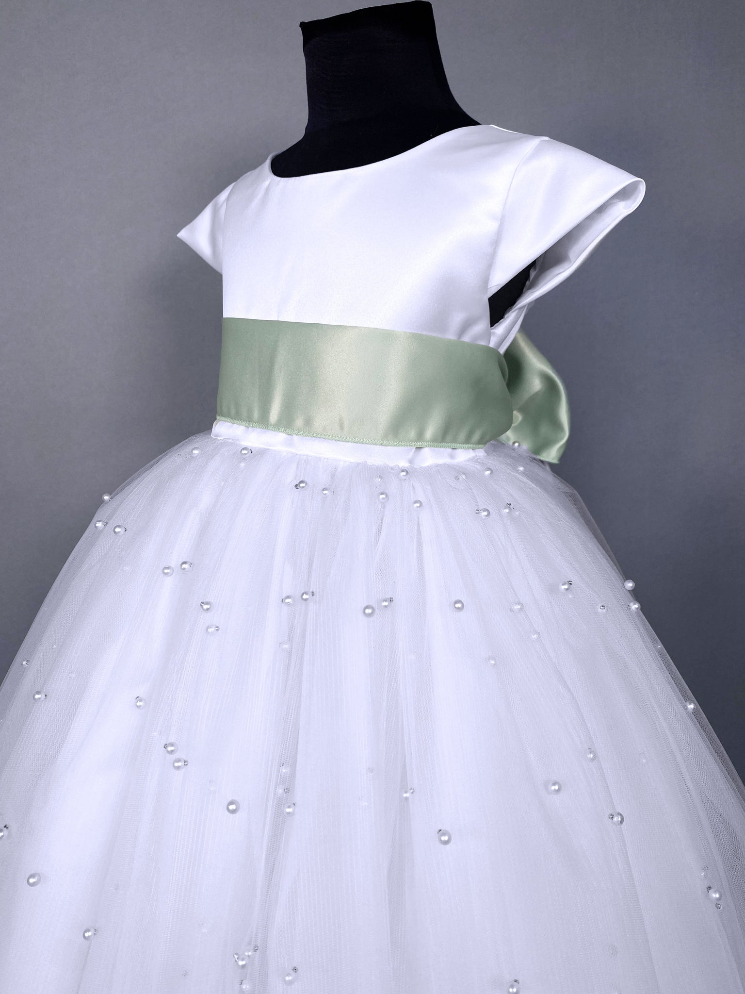 V-Back White 4 Layer Pearl Tulle Cap Sleeve Dress Sage Sash