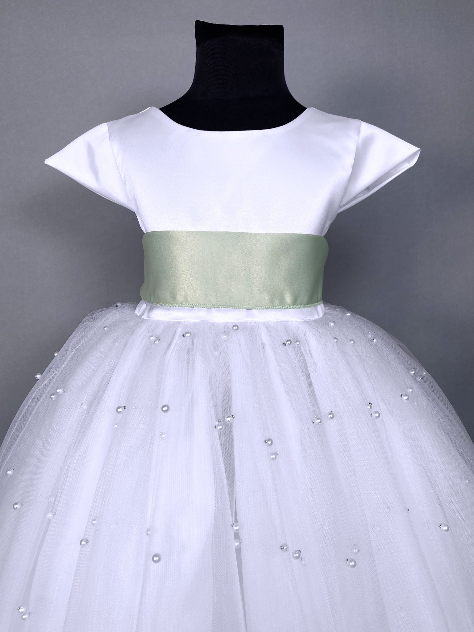 V-Back White 4 Layer Pearl Tulle Cap Sleeve Dress Sage Sash