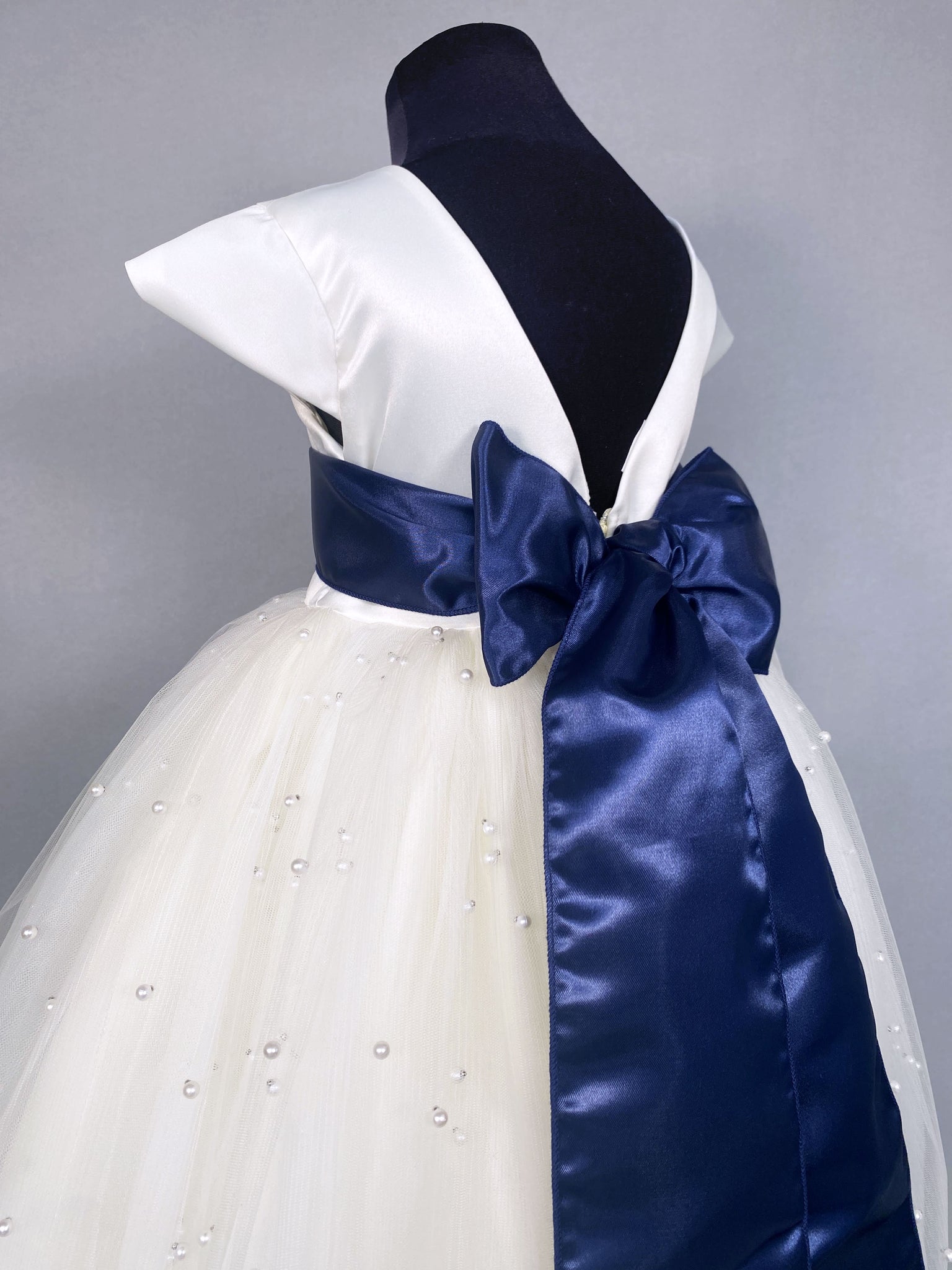 V-Back Ivory 4 Layer Pearl Tulle Cap Sleeve Dress Navy Blue Sash