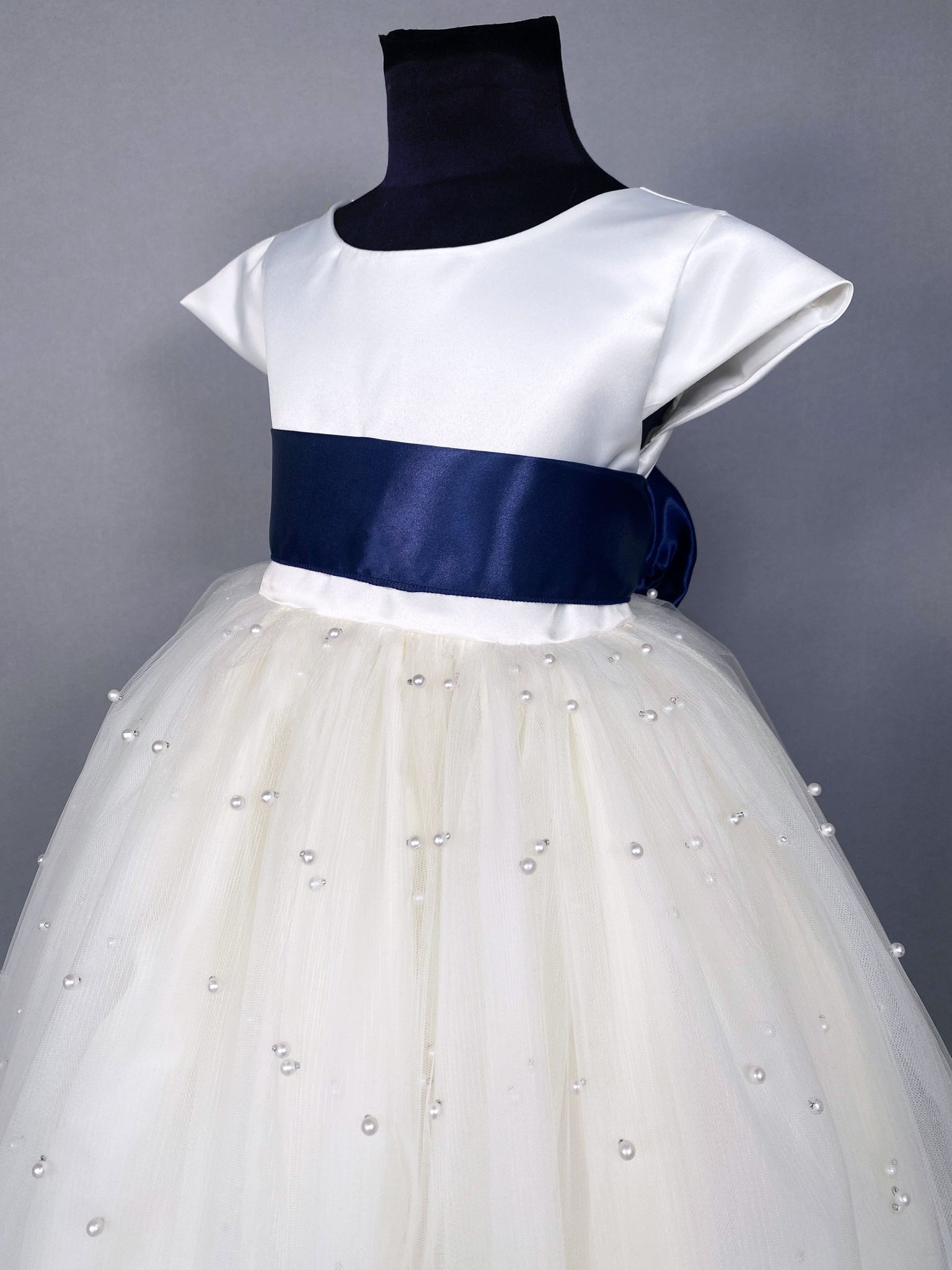 V-Back Ivory 4 Layer Pearl Tulle Cap Sleeve Dress Navy Blue Sash