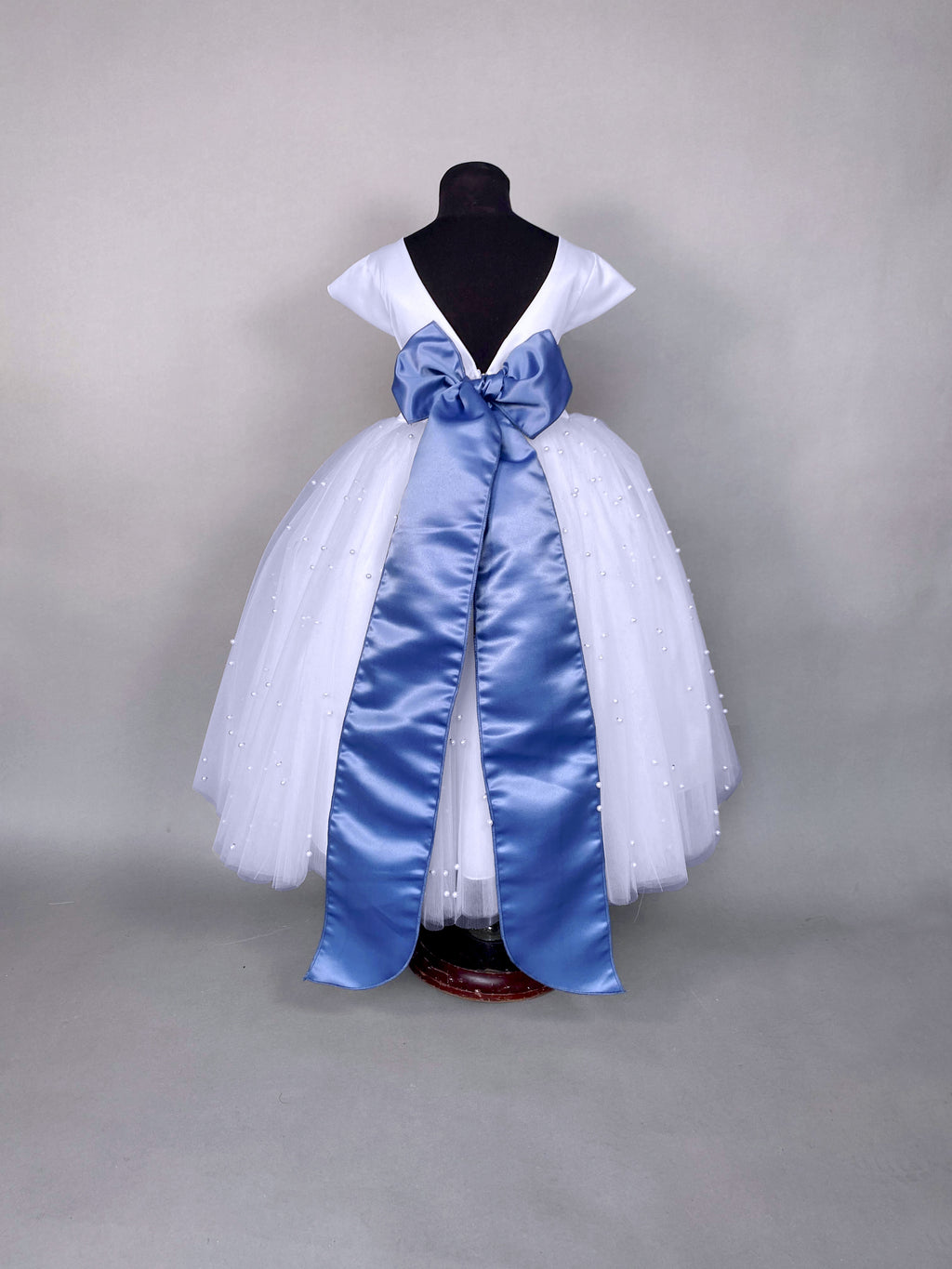 V-Back White 4 Layer Pearl Tulle Cap Sleeve Dress Steel Blue Sash