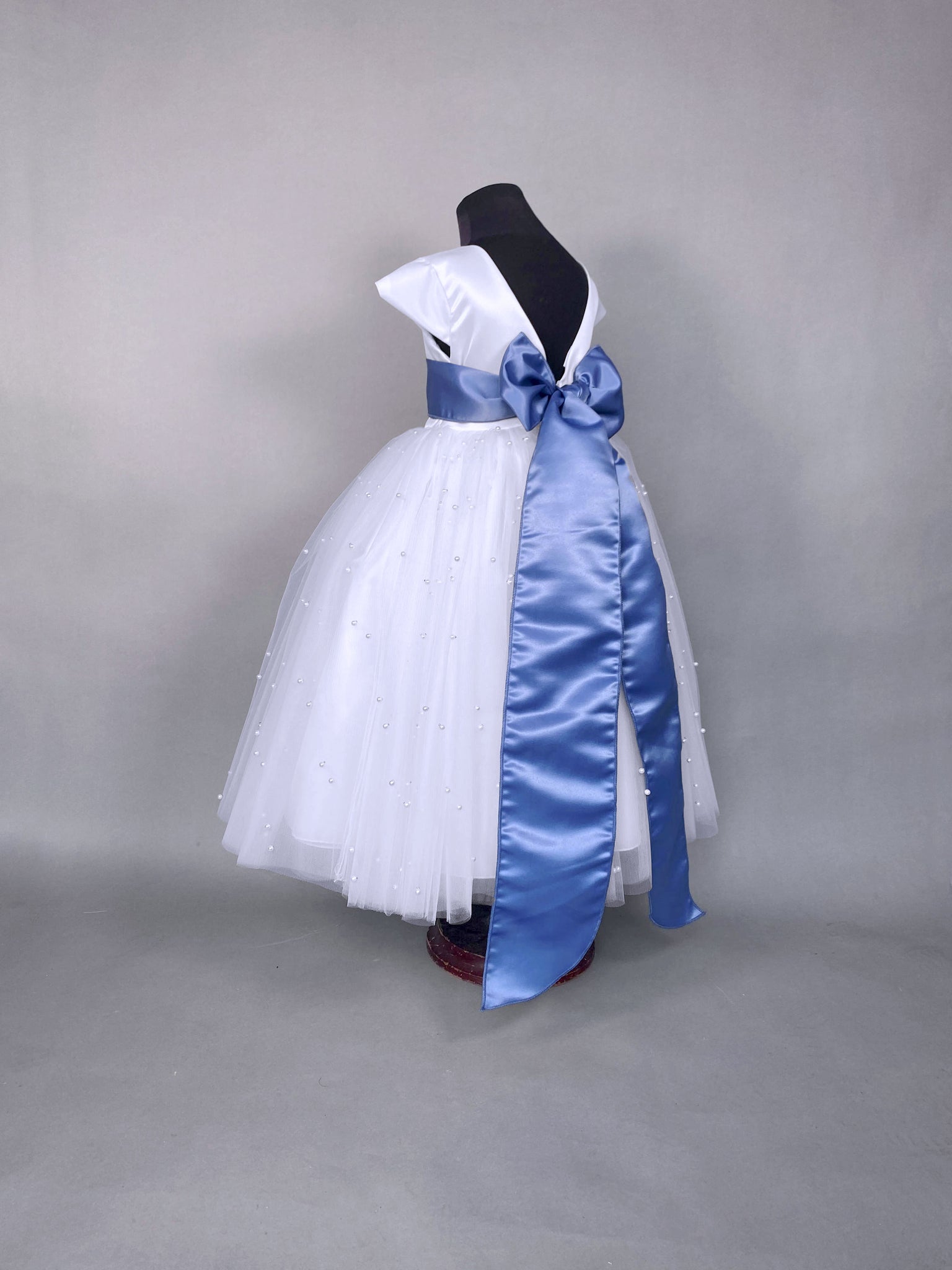 V-Back White 4 Layer Pearl Tulle Cap Sleeve Dress Steel Blue Sash