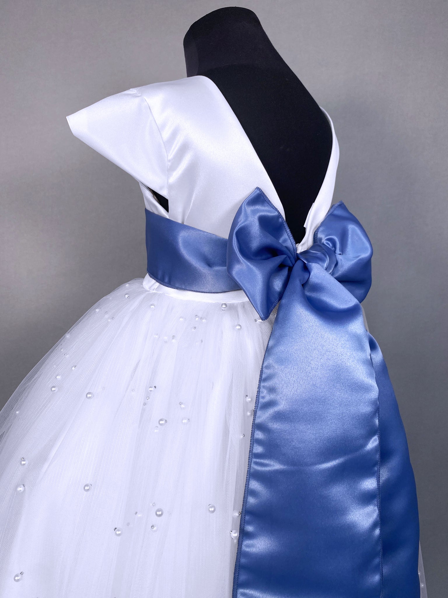 V-Back White 4 Layer Pearl Tulle Cap Sleeve Dress Steel Blue Sash