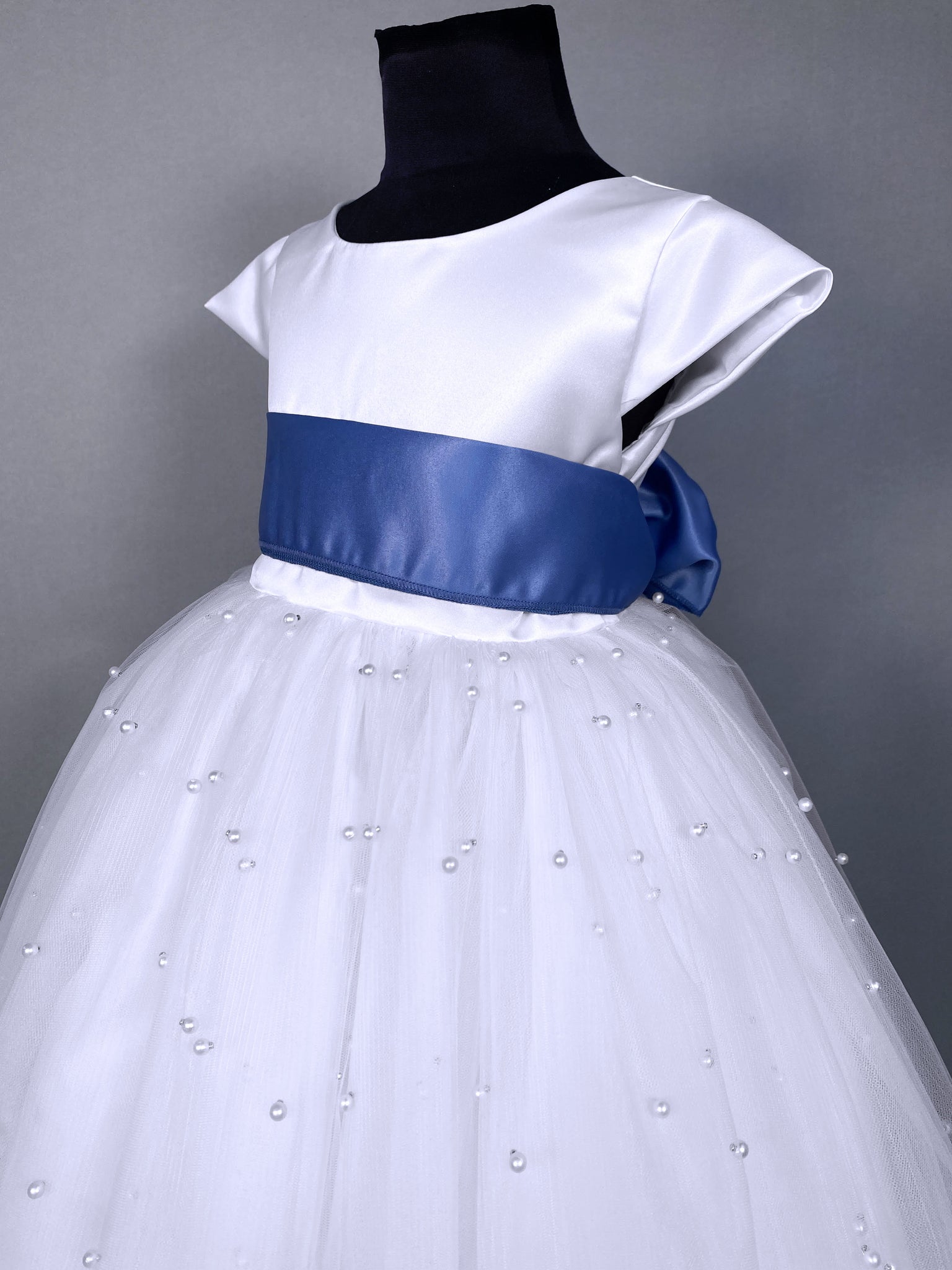 V-Back White 4 Layer Pearl Tulle Cap Sleeve Dress Steel Blue Sash