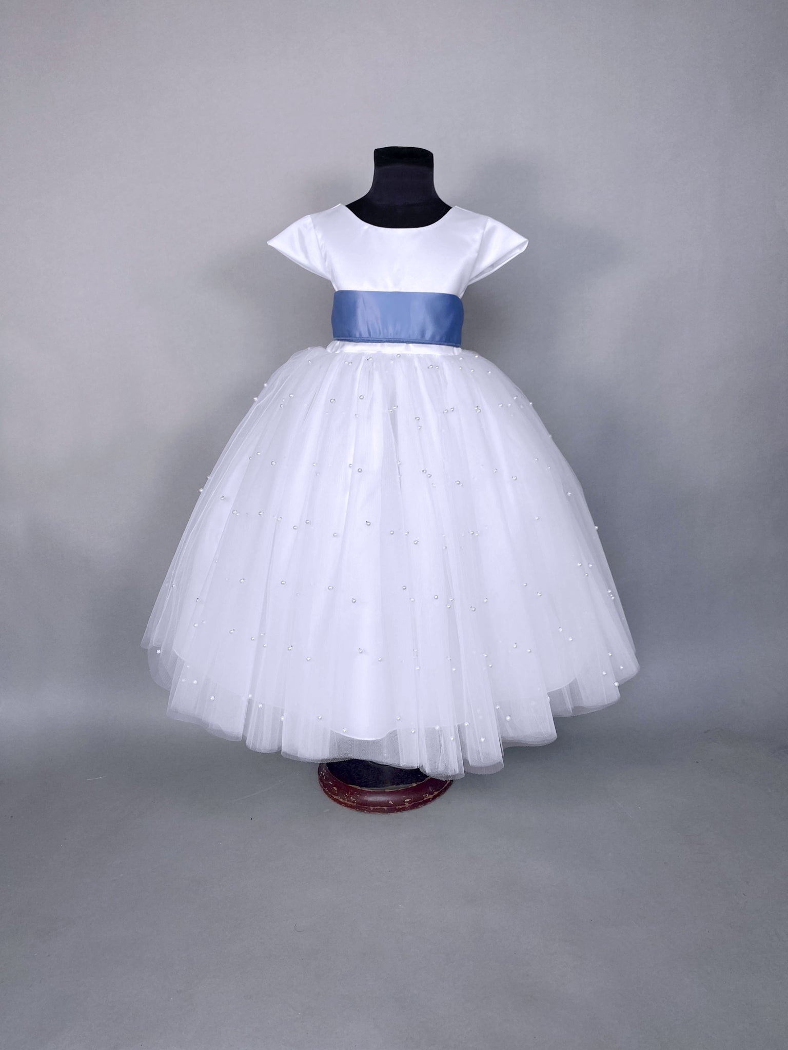 V-Back White 4 Layer Pearl Tulle Cap Sleeve Dress Steel Blue Sash