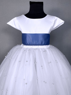 V-Back White 4 Layer Pearl Tulle Cap Sleeve Dress Steel Blue Sash