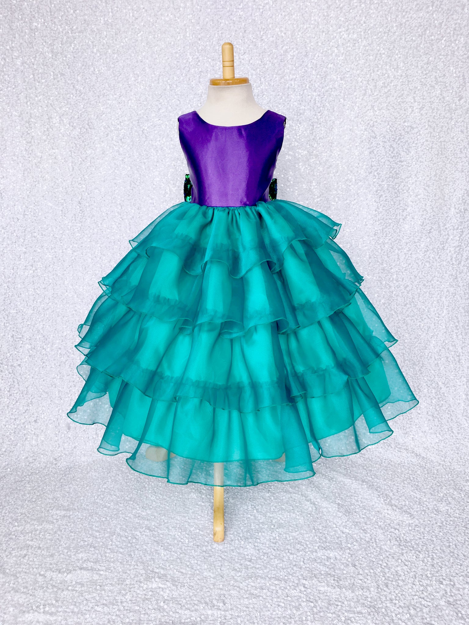 V-Back Sleeveless Purple Satin Teal Organza Ruffle Dress