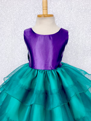 V-Back Sleeveless Purple Satin Teal Organza Ruffle Dress