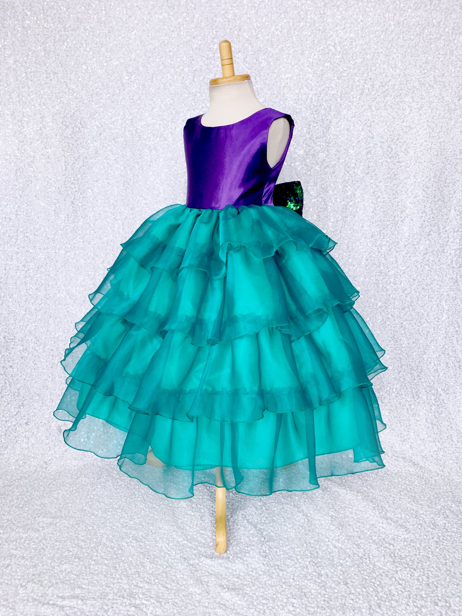 V-Back Sleeveless Purple Satin Teal Organza Ruffle Dress