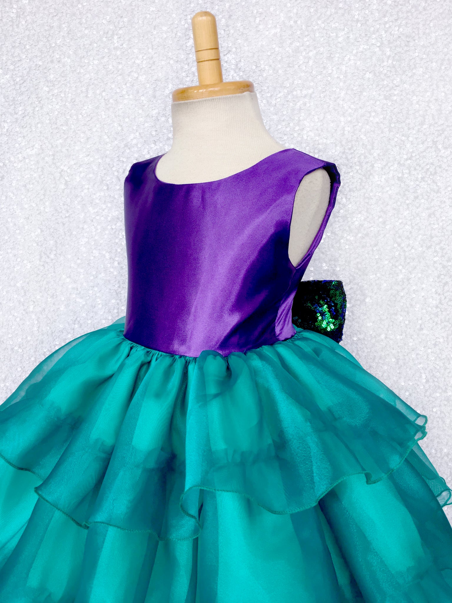 V-Back Sleeveless Purple Satin Teal Organza Ruffle Dress