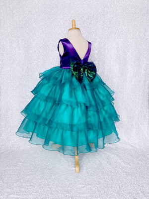 V-Back Sleeveless Purple Satin Teal Organza Ruffle Dress