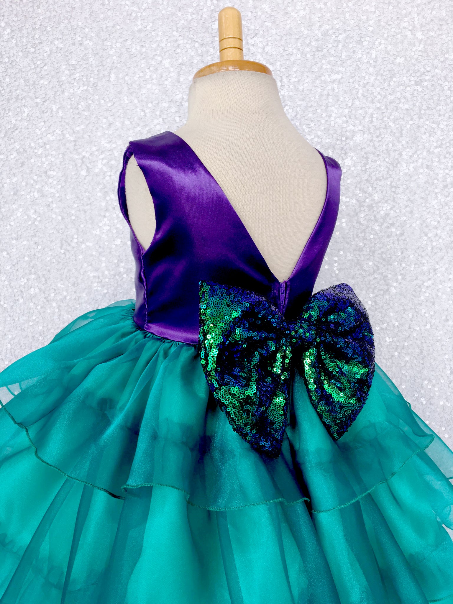 V-Back Sleeveless Purple Satin Teal Organza Ruffle Dress