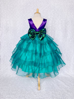 V-Back Sleeveless Purple Satin Teal Organza Ruffle Dress