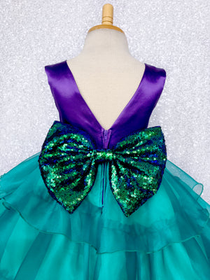 V-Back Sleeveless Purple Satin Teal Organza Ruffle Dress