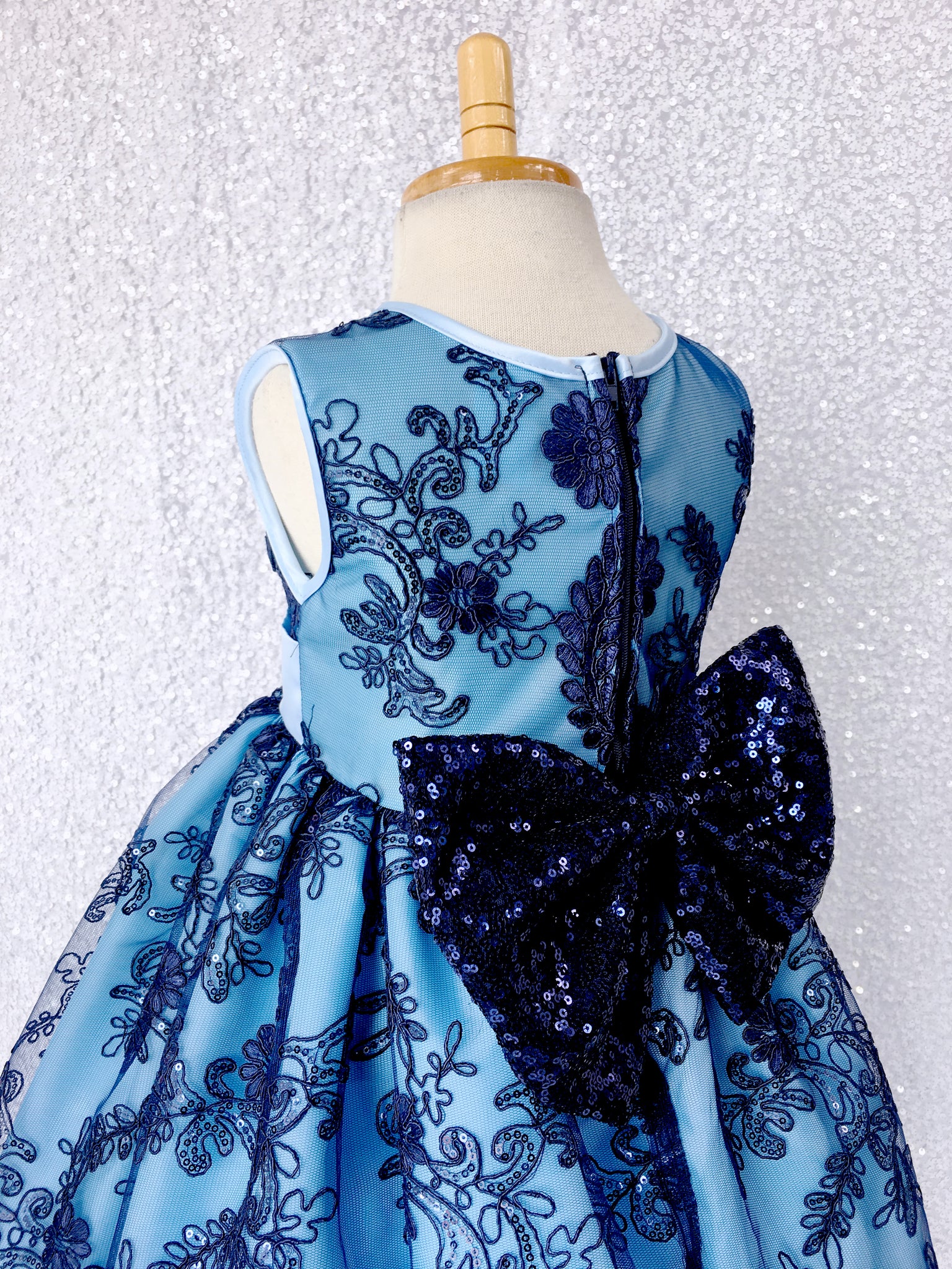 Navy Flower Mesh Embroidery Baby Blue Sequin Bow Gown