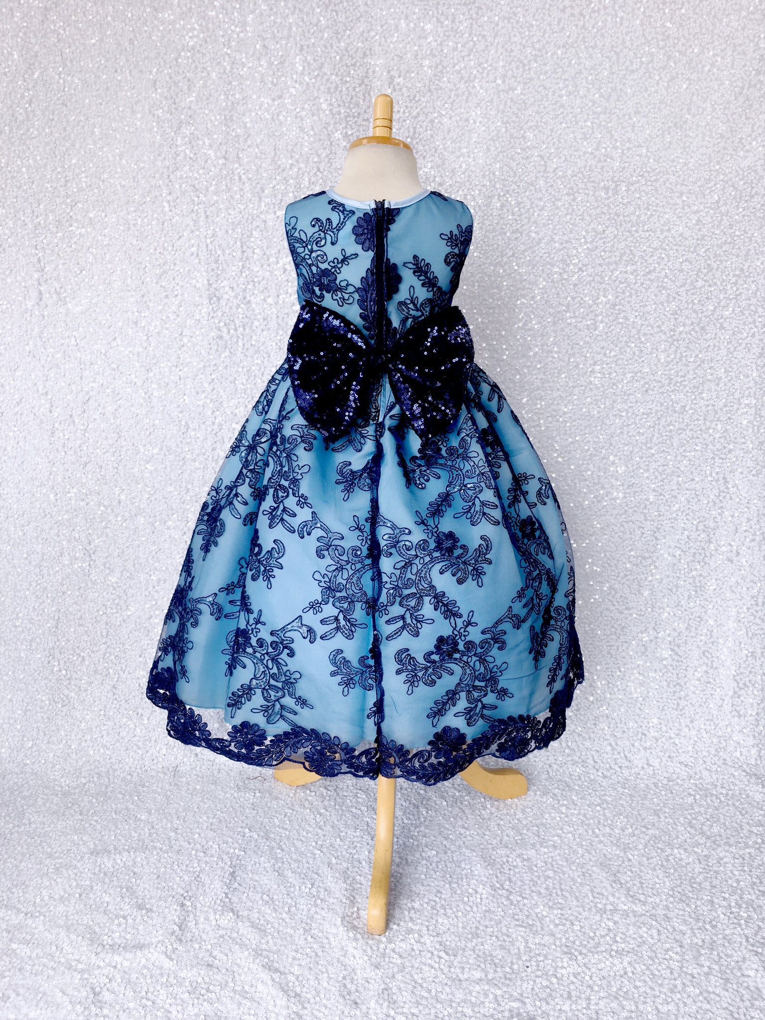 Navy Flower Mesh Embroidery Baby Blue Sequin Bow Gown