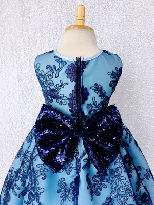 Navy Flower Mesh Embroidery Baby Blue Sequin Bow Gown