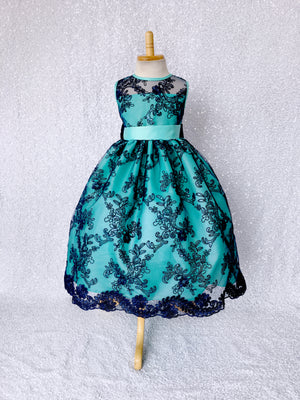 Navy Flower Mesh Embroidery Baby Blue Sequin Bow Gown