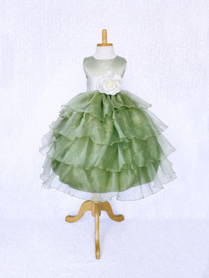 Sage Satin Organza Ruffle Sleeveless Dress Ivory Sash Flower