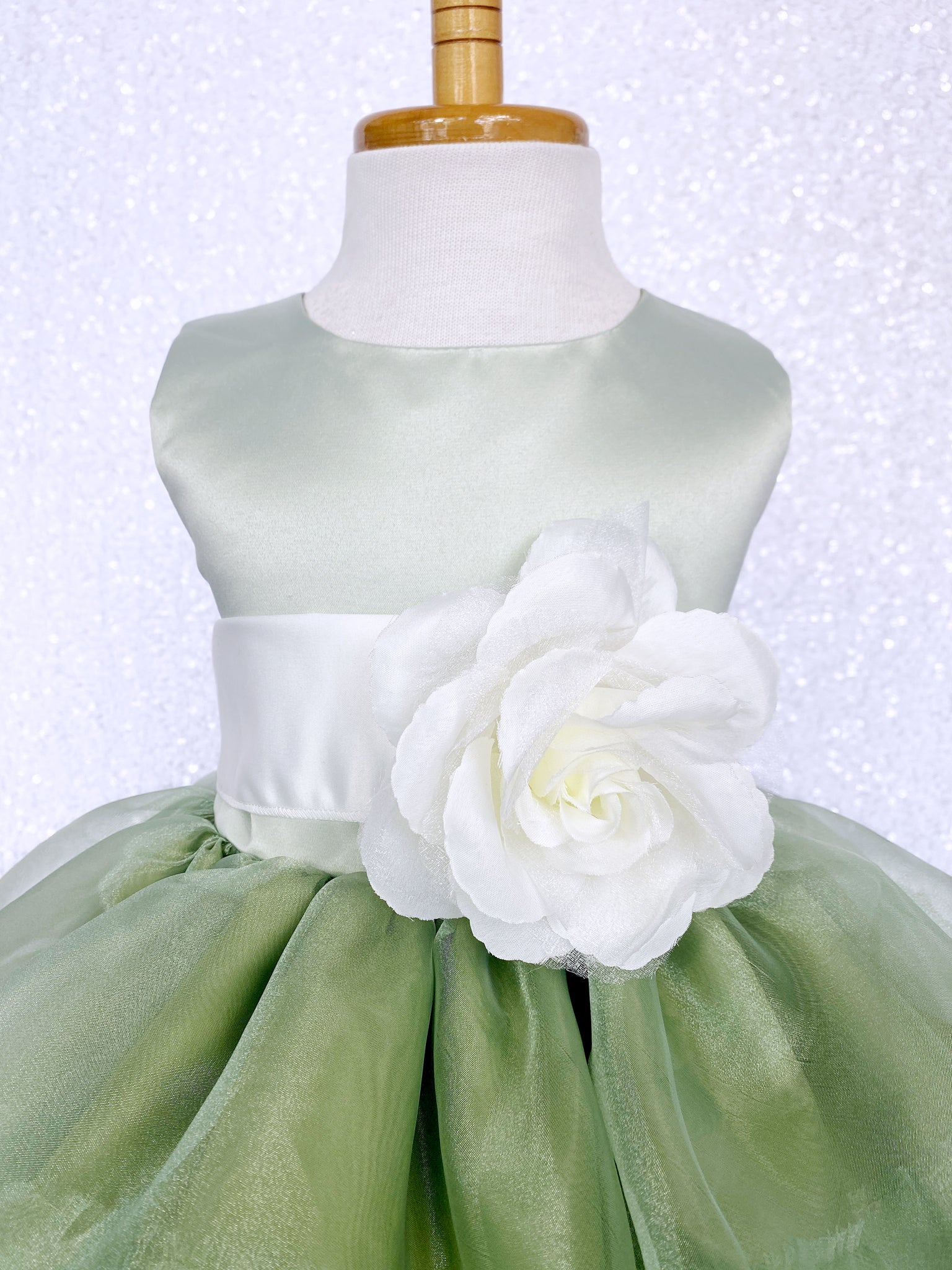 Sage Satin Organza Ruffle Sleeveless Dress Ivory Sash Flower