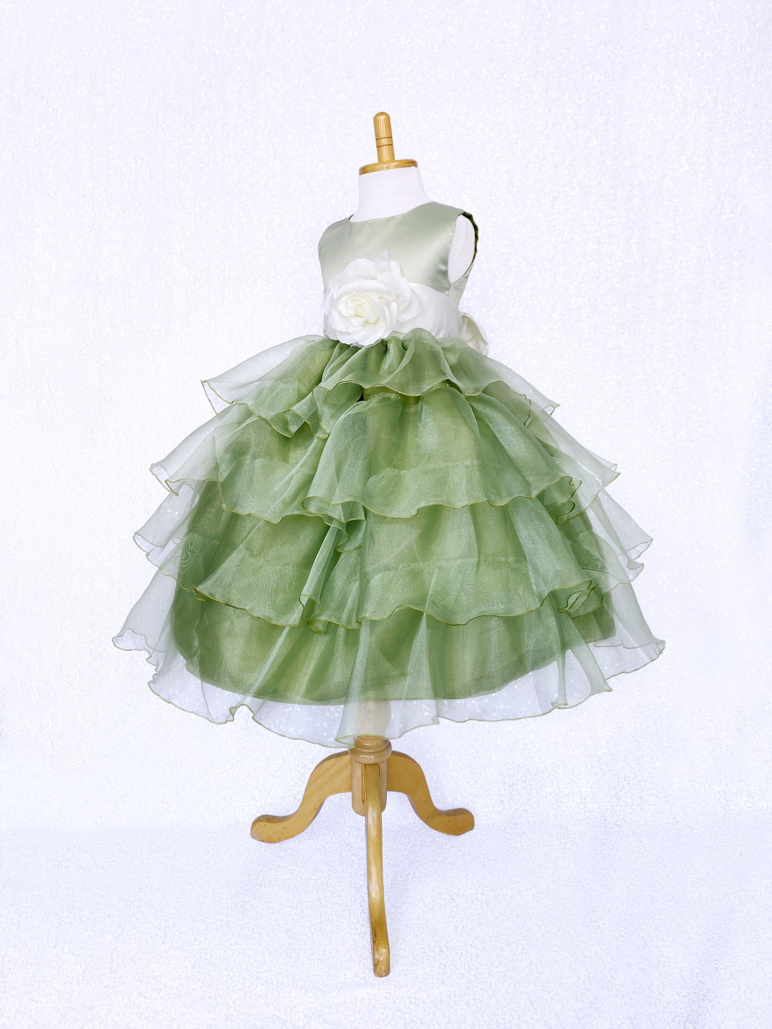 Sage Satin Organza Ruffle Sleeveless Dress Ivory Sash Flower