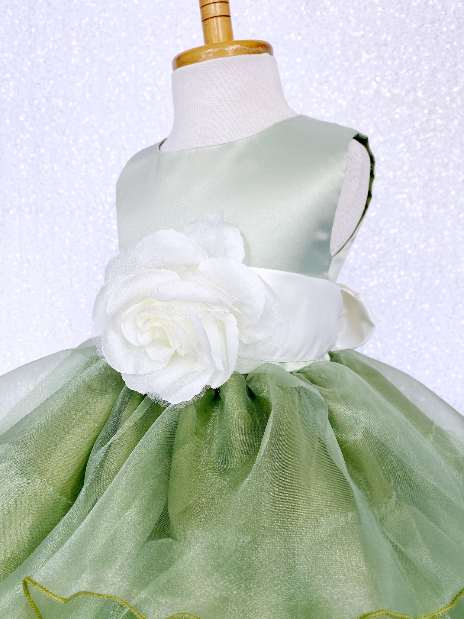 Sage Satin Organza Ruffle Sleeveless Dress Ivory Sash Flower