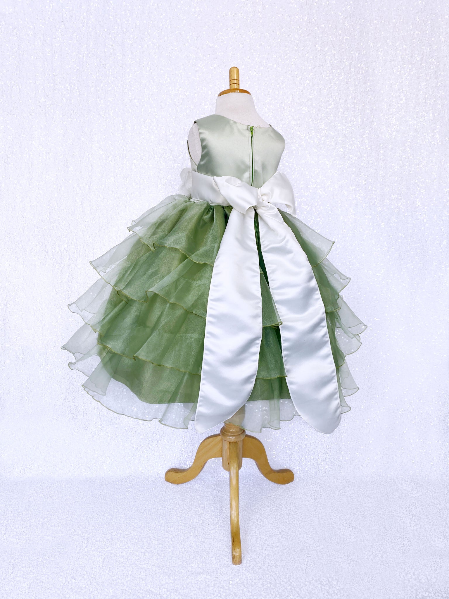 Sage Satin Organza Ruffle Sleeveless Dress Ivory Sash Flower