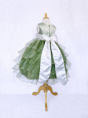 Sage Satin Organza Ruffle Sleeveless Dress Ivory Sash Flower