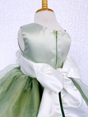 Sage Satin Organza Ruffle Sleeveless Dress Ivory Sash Flower